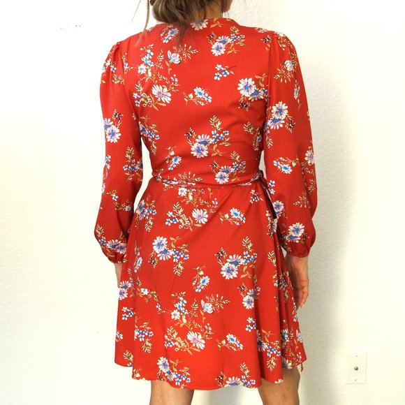 Dokotoo Mini Wrap Dress Floral Brick Adjustable - Picture 2 of 4